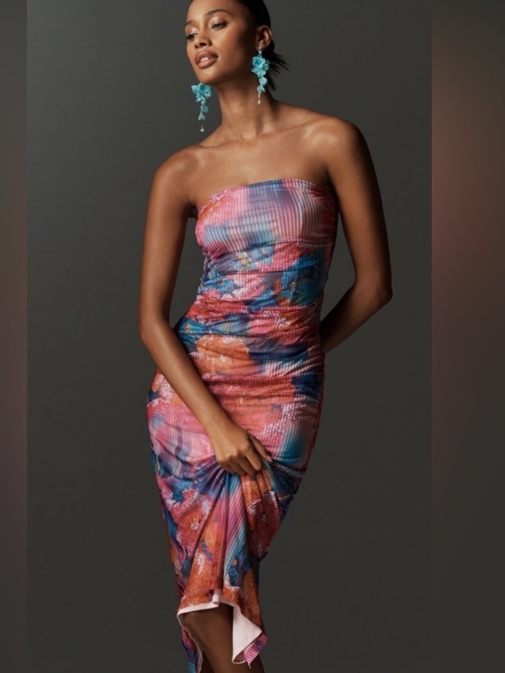 Anthropologie The Soleil Slim Strapless Ruched Mesh Dress Pink Blue Purple L
